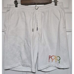 Polo Ralph Lauren White 9in Fleece POLO 1992 Logo Shorts Sz MEDIUM‎ Used